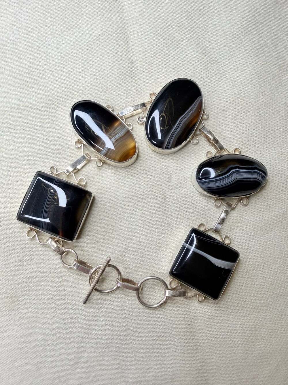 Artisan Sterling Silver 925 Banded Agate Stone Toggle Bracelet